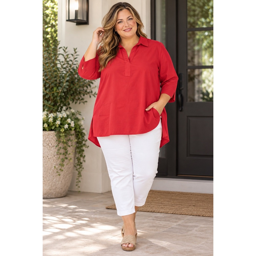 TravelSmith Tunic Blouse Womens XL Red Polyester 3/4 Sleeve Popover Casual